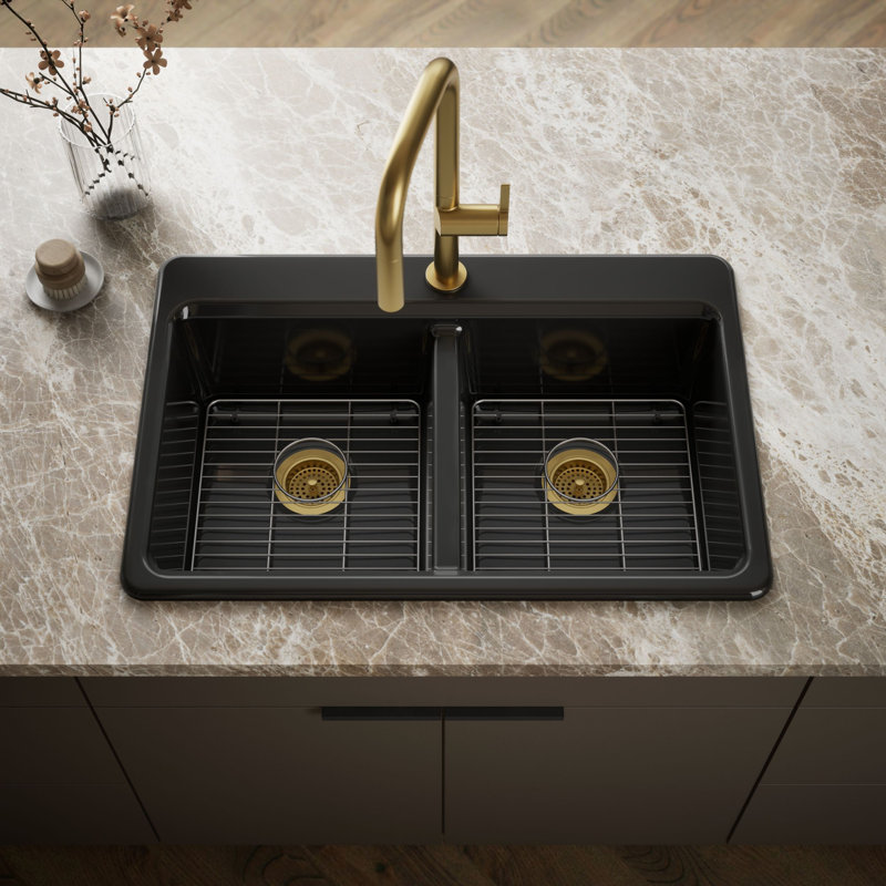 Riverby 33 In. Top-Mount Double-Bowl Kitchen Sink, Black, 1 hole, Double-equal bowls
