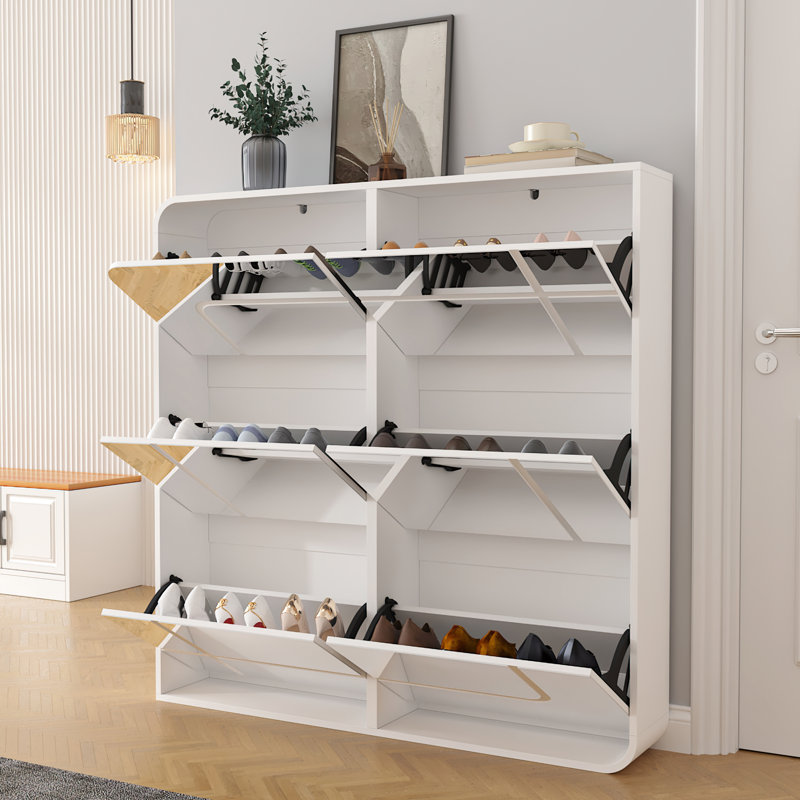  White Three-Tier Flip-Top Mirror Shoe Cabinet With 6 Drawers, Space-Saving Entryway Organizer