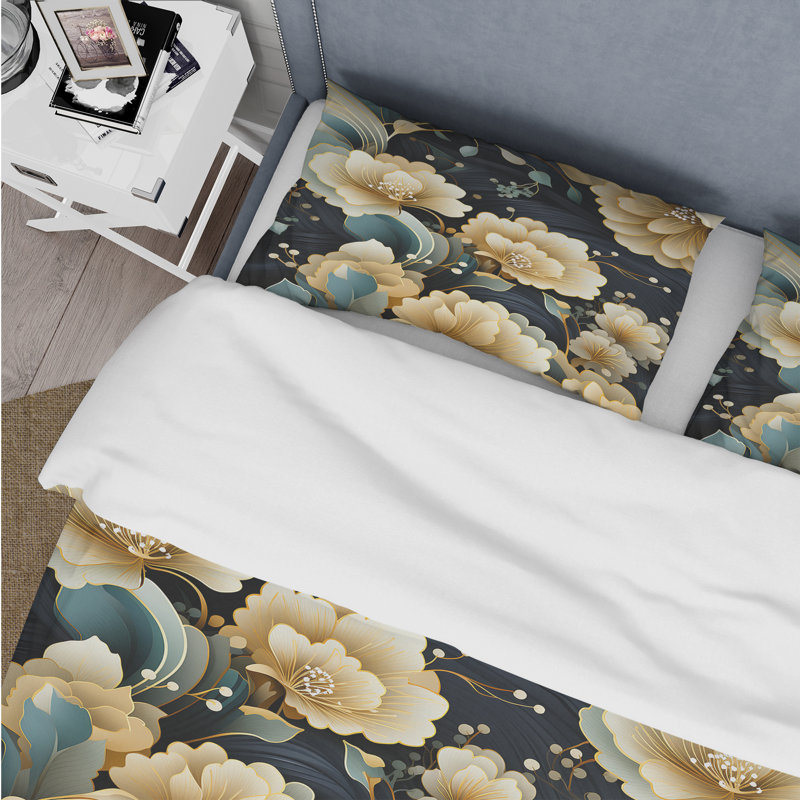 Ensemble de housse de couette bleu et beige Pailey Flowers Elegance I, Housse de couette pour très grand lit et 2 très