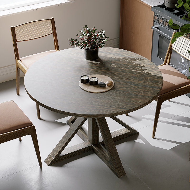 47" Round Solid Wood Dining Table For 4 -  Gracie Oaks and Pedestal Base Farmhouse Style