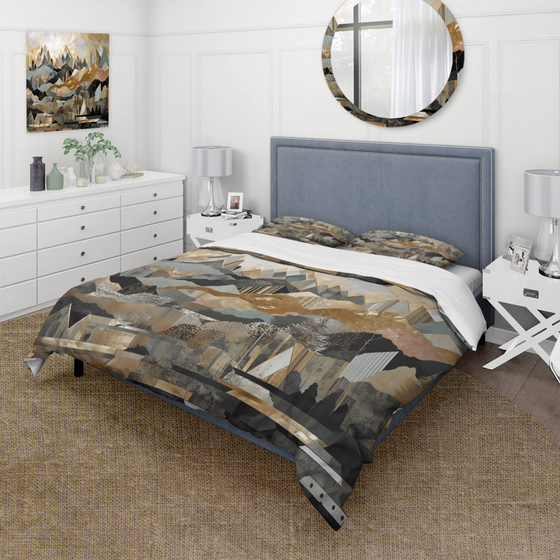 Ensemble de housse de couette géométrique gris et doré Horizons I - City, Housse de couette simple + 1 taie décorative stan