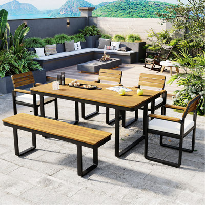 6-Piece Outdoor Dining Set, 1 Table With 4 Chairs And 1 Bench For 6-7 Person