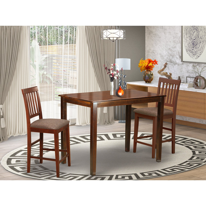 Ensemble de table de salle à manger à hauteur de comptoir 3 pièces comprenant une table de salle à manger rectangulaire et 2 chaises rembourrées en tissu de lin, acajou