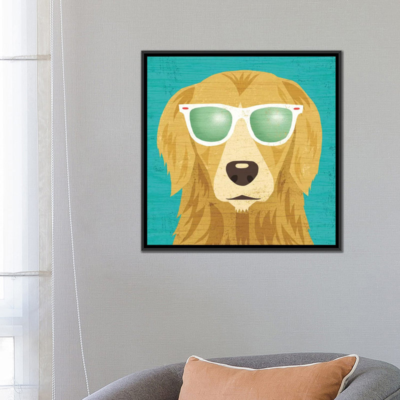 Beach Bums Series: Golden Retriever I - impression sur toile tendue, H 12 po x l 12 po x P 1,5 po, Toile avec cadre noir