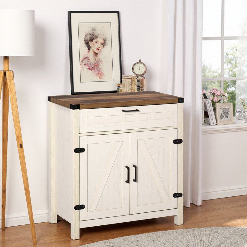 Farmhouse Sideboard Buffet Cabinet with Rustic Barn Doors – White Versatile Storage for Kitchen & Living Room, White