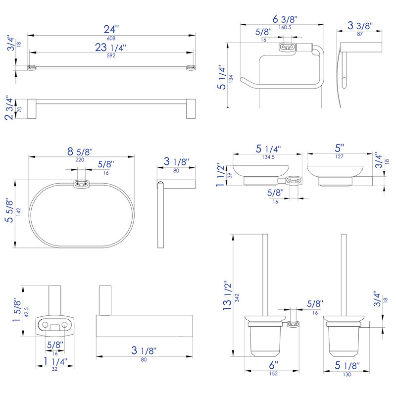Ensemble d’accessoires de salle de bain 6 pièces assortis, Chrome poli