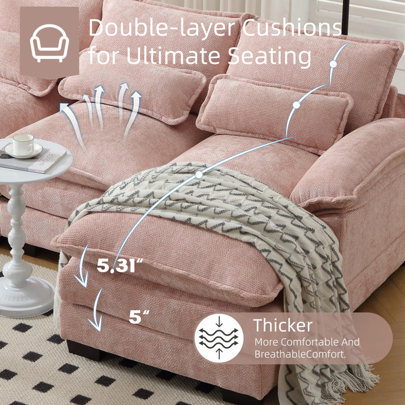 Pink Chenille 110" U-Shaped Sectional Sofa with Deep Cushions