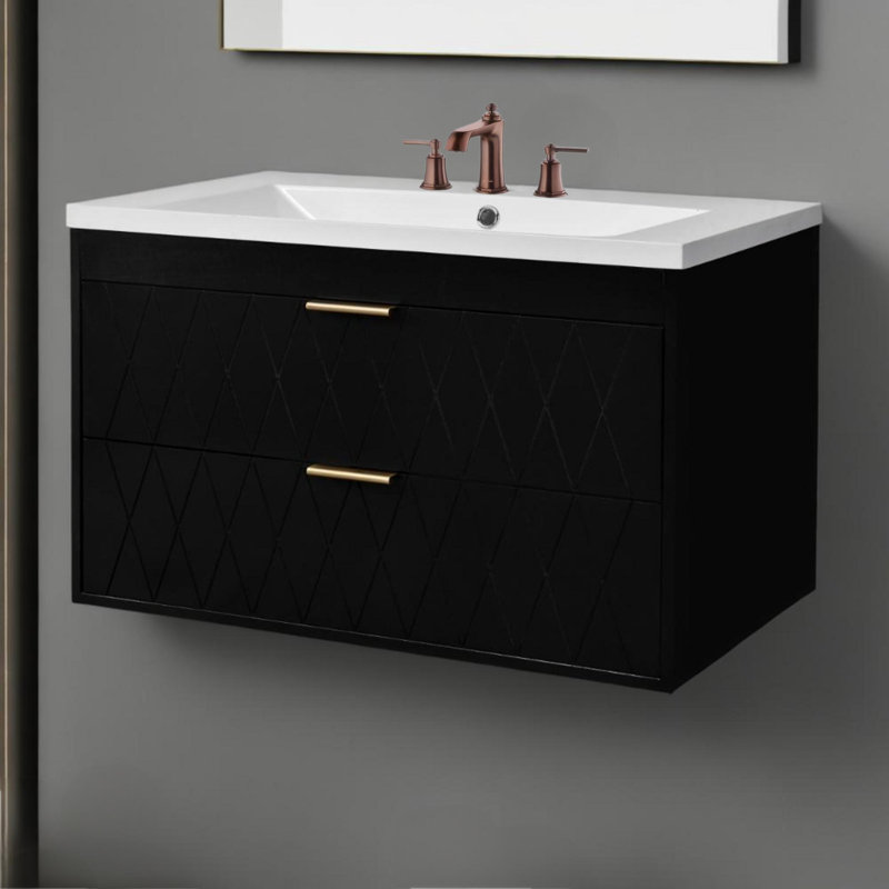 Meuble-lavabo mural 30 po avec lavabo en résine et 2 tiroirs, Noir, noir, noir, noir