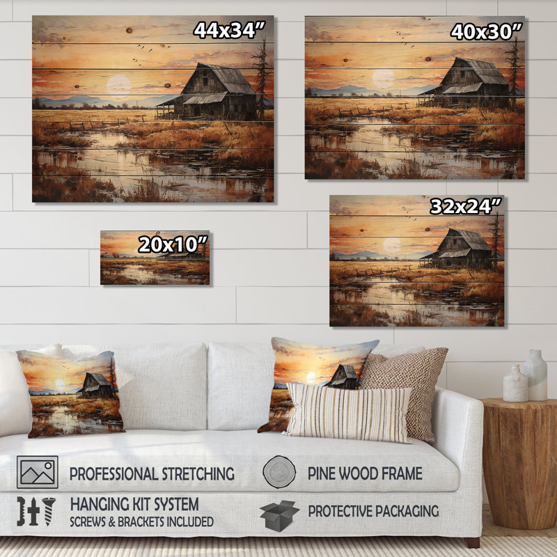 Paysage de grange au crépuscule I sur bois, H 10 po x l 20 po x P 0,78 po