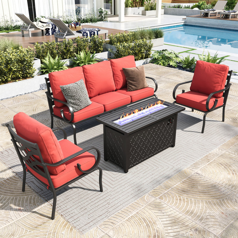 5-Person Metal Patio Conversation Set With Fire Pit Table, 4 Pcs: Firepit Table, Sofa, 2 Arm Chairs, Red, Yes