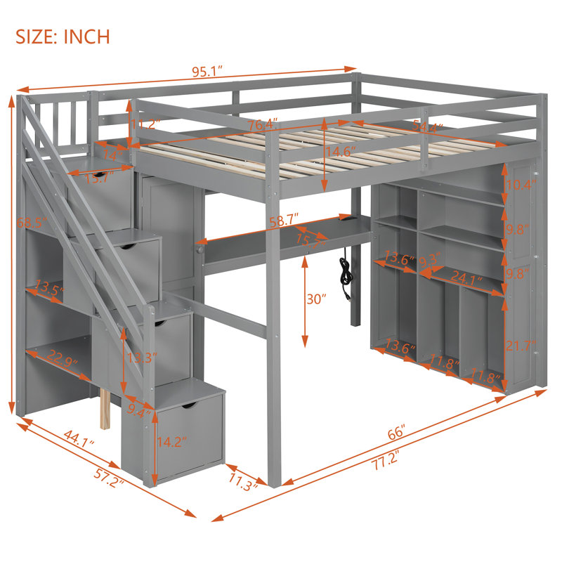 Lit mezzanine avec bureau, escalier de rangement, bibliothèque éclairée et garde-robe, lit double, Gris