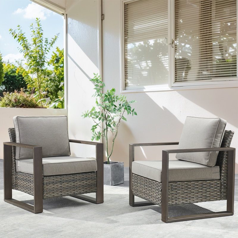Drazen Outdoor Wicker Club Chair Set Of 2 With Thick Cushions & Unique Wood-Grain Armrests, Gray/Gray