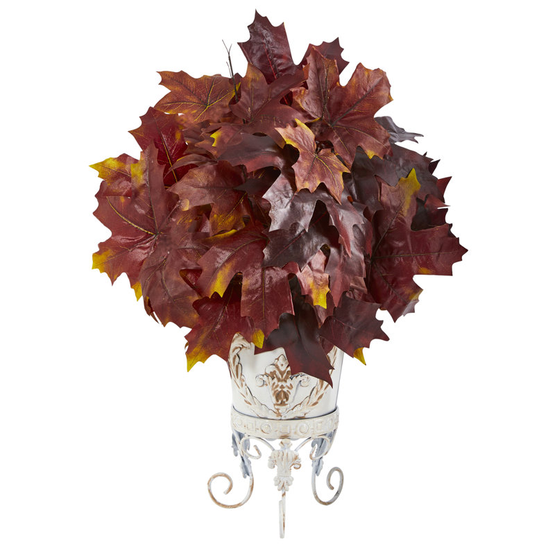 20'' Faux Maple Plant in Metal Planter, Burgundy