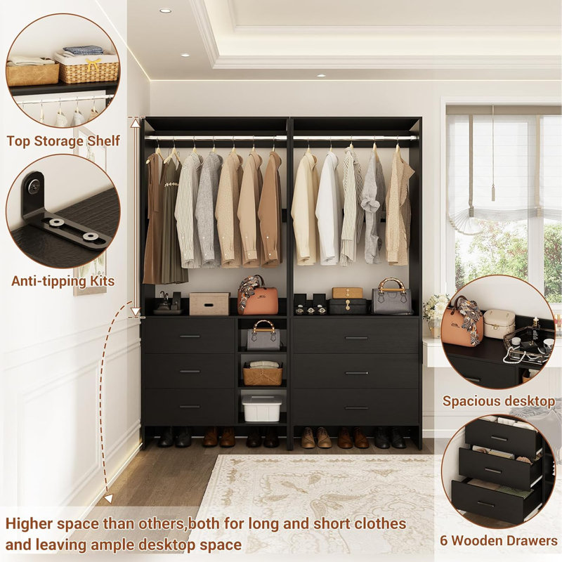53.2'' Closet System with Wooden Drawers and Hanging Rods, Black