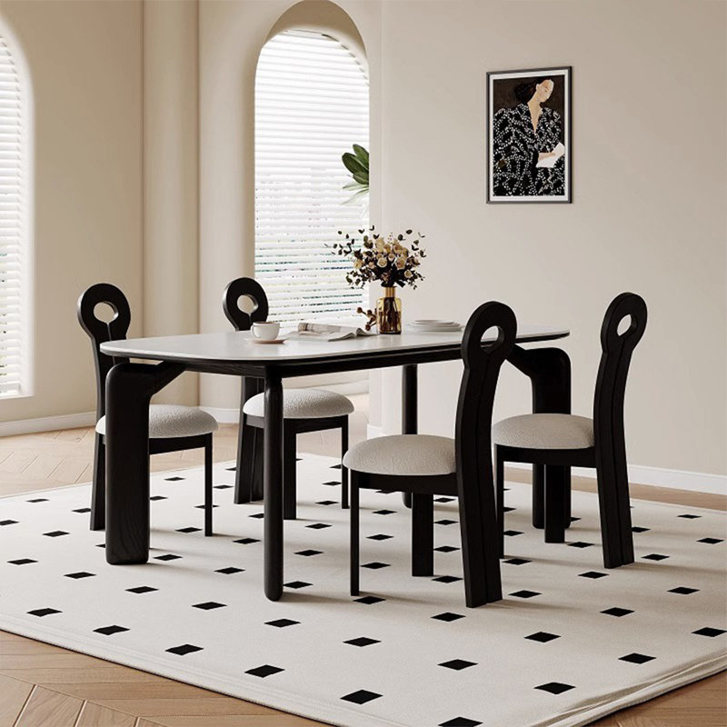 Ensemble de table de salle à manger 4 personnes blanc + noir en pierre frittée rectangulaire + bois massif