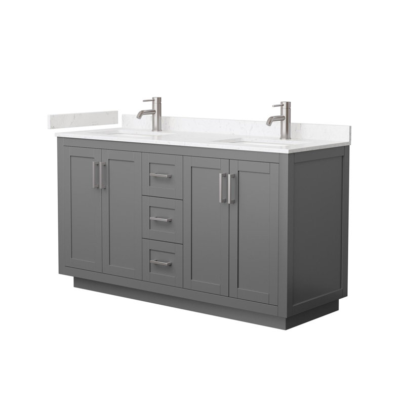 Ensemble de meuble-lavabo double 60 po avec plateau en marbre de culture Miranda, Marbre de culture de Carrare, Gris foncé