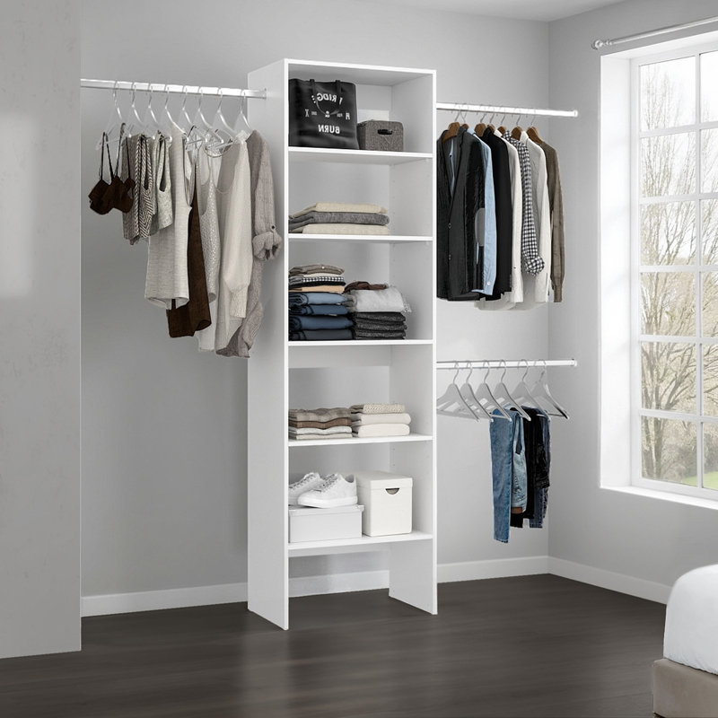 Système d'organisation modulaire Hollis avec tablettes ouvertes, tringles de suspension doubles et rangement vertical, blanc