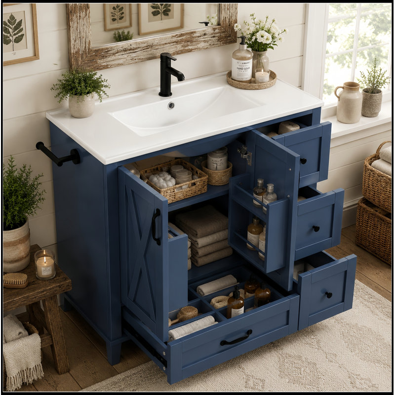 Meuble-lavabo de salle de bain avec lavabo, 4 tiroirs de rangement, tablettes de porte et tablette réglable, Navy Blue