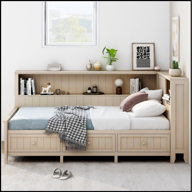 Lit de jour en bois avec tablettes de rangement et 3 tiroirs, alliant confort et rangement pratique pour les maisons modernes