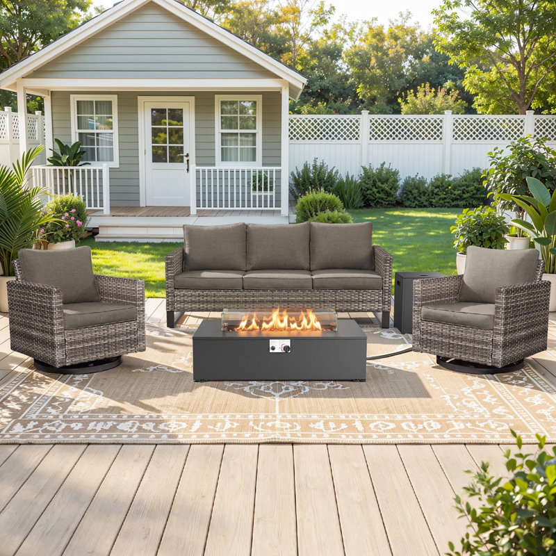 Hansencamp 4-Piece All Weather Wicker Patio Conversation Set With Swivel Gliders And Split Fire Pit Table, Gray, Gray