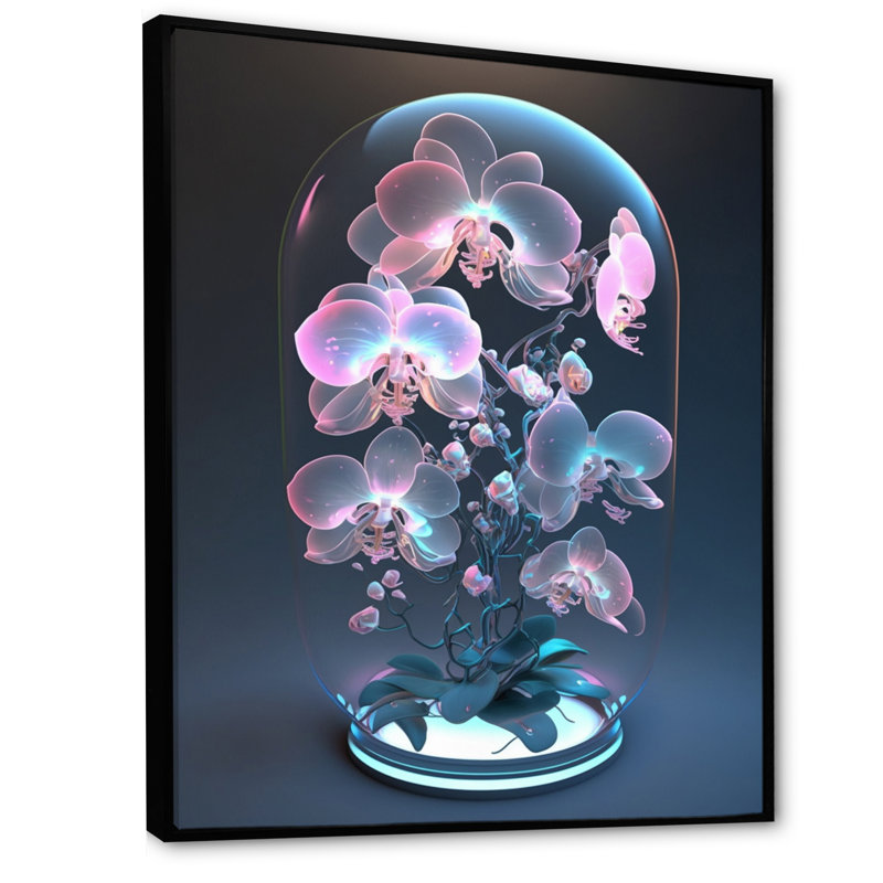 Orchidée blanche lumineuse avec lueur mauve I - reproduction sur toile, L 12 po x H 20 po, Cadre flottant noir