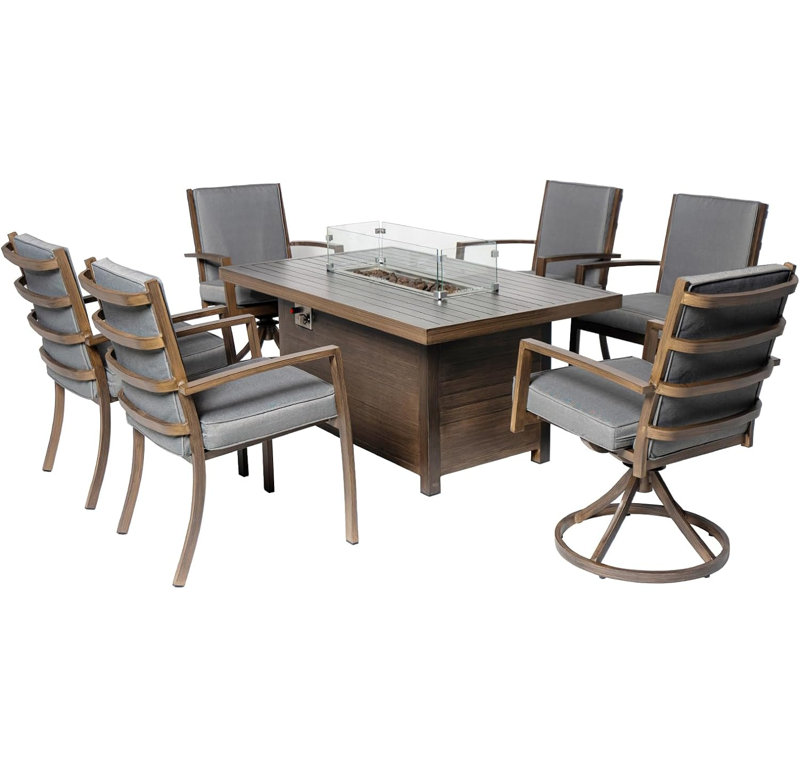 Ensemble repas 5 pièces pour patio avec foyer et 2 fauteuils + 2 pivotants, 6