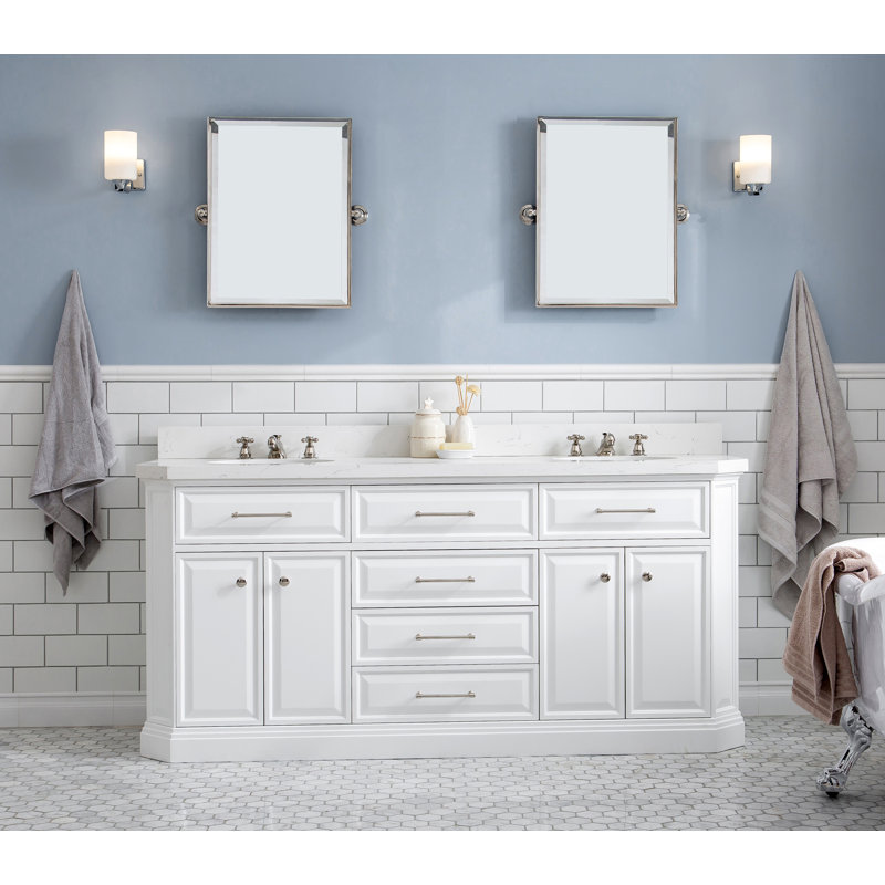 72" Palace Collection Quartz Carrara Cashmere Grey Bathroom Vanity Set With Hardware, Mirror in Polished Nickel (PVD) Finish