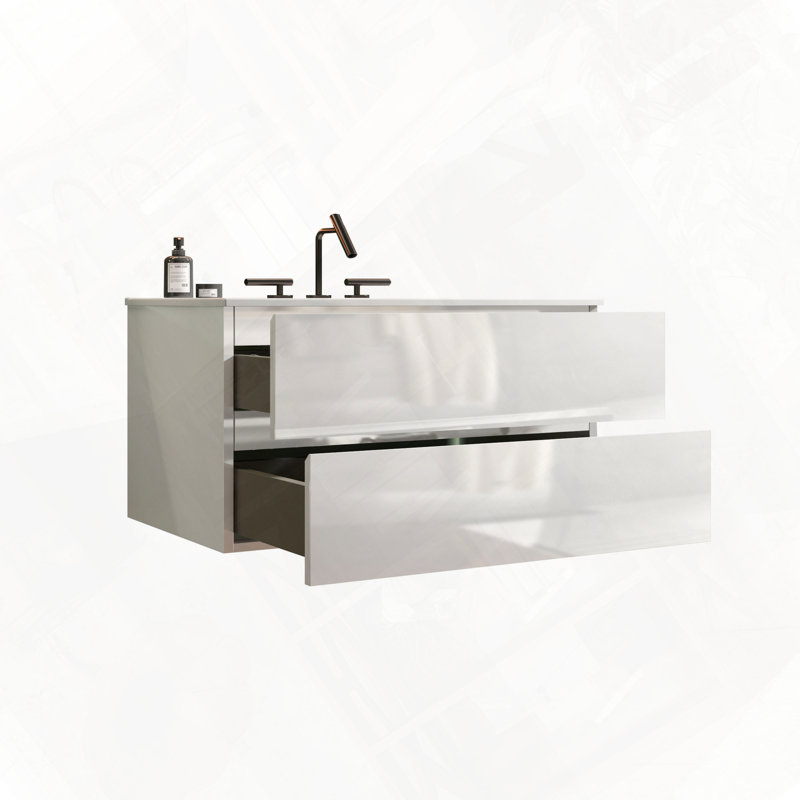 Meuble-lavabo mural avec lavabo en céramique et trois trous de robinet, Blanc, 36"
