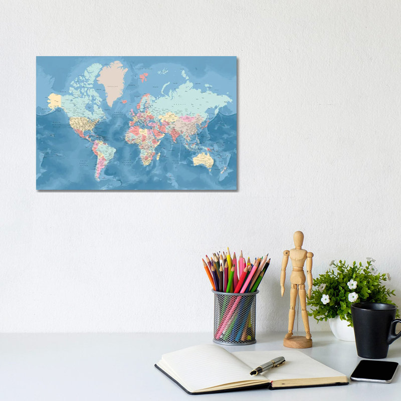 Carte du monde détaillée avec des villes aux couleurs pastel, giclée sur toile tendue avec châssis Vickie