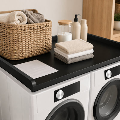 Sturdy wooden washer and dryer countertop topper with raised edge guard, multi-functional laundry room shelf organizer for overhead counter storage and laundry hamper arrangement