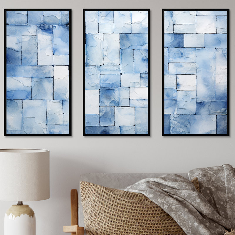 Carreaux scandinaves blancs et bleus II - décoration murale mosaïque bohème, Cadre flottant noir, H 32 po x l 48 po x P 1 po