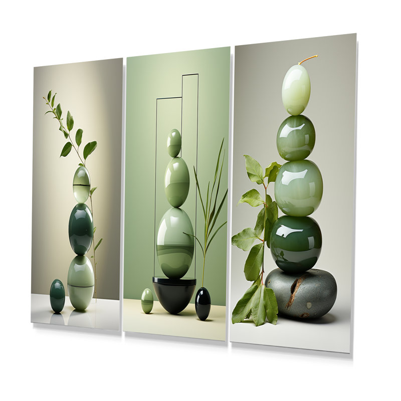 Green Zen Spiritual Stone I - Spiritual Stone Metal Wall Decor Set Of 3, 32" H x 48" W