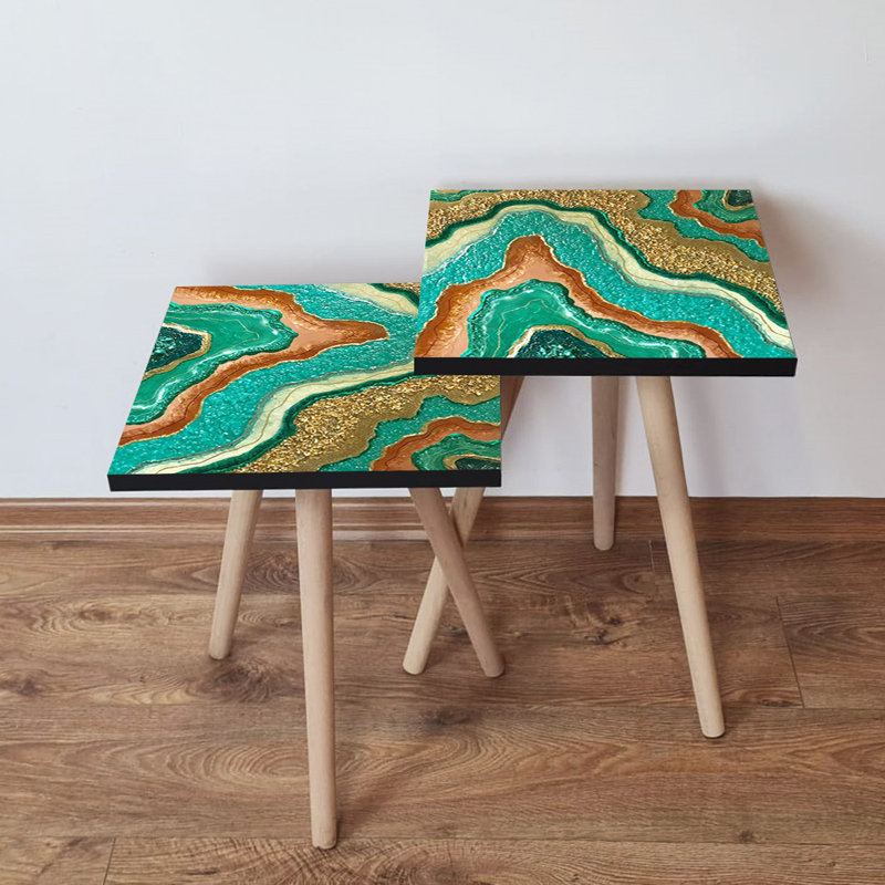 Ensemble de 2 tables gigognes élégantes en marbre, conception abstraite, 13,8 x 18,5 x 13,8 pouces et 13,8 x 16,5 x 13,8 pouces | 100% panneau de fibres à densité moyenne avec des pieds en bois de hêtre, robuste et élégant pour le salon, décoration intérieure moderne
