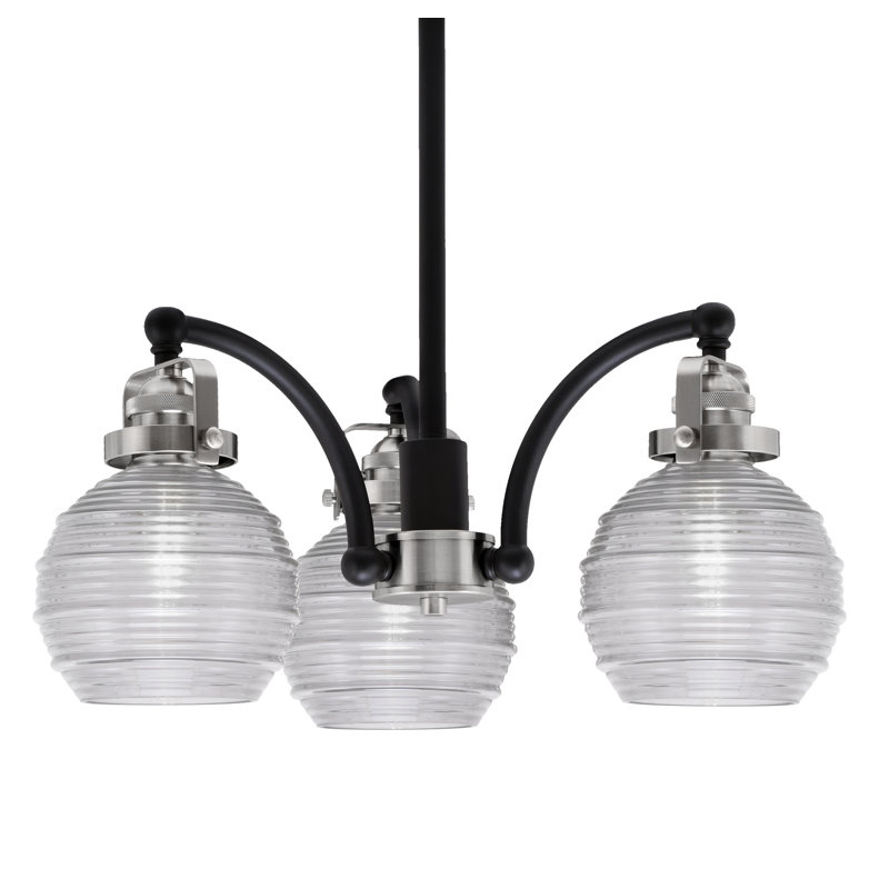 Lustre 3 lumières avec verre transparent nervuré Easton, Noir mat/nickel brossé, H 6,5 po x l 16,25 po x P 16,25 po