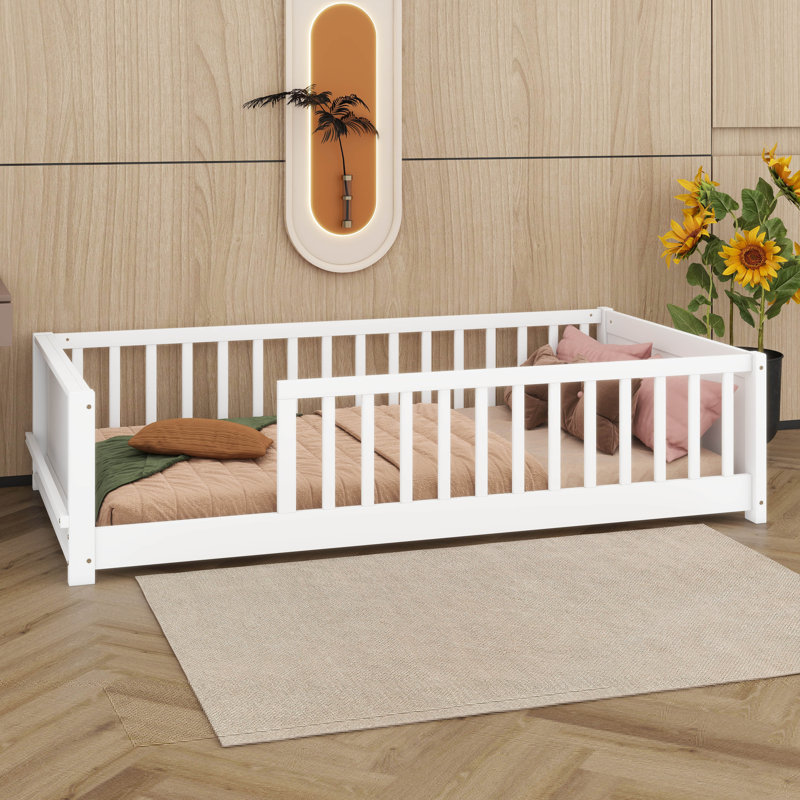 Lit plateforme simple avec support à livres, lit en bois avec garde-corps de sécurité, aucun sommier requis, Blanc