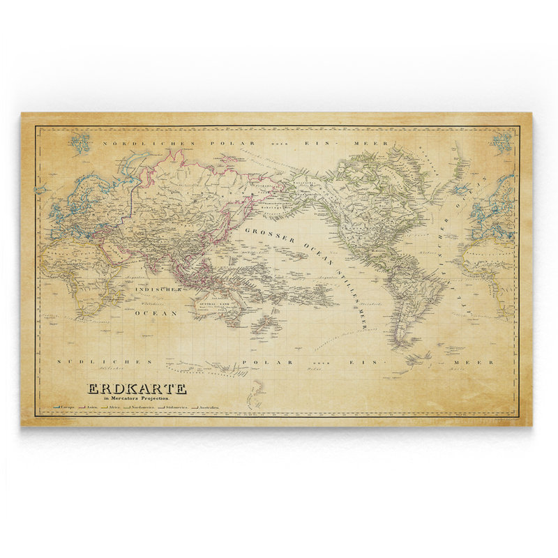 Carte du monde rétro «Parchement», reproduction d'art graphique encadrée, H 24 po x l 36 po x P 1,5 po, Toile tendue