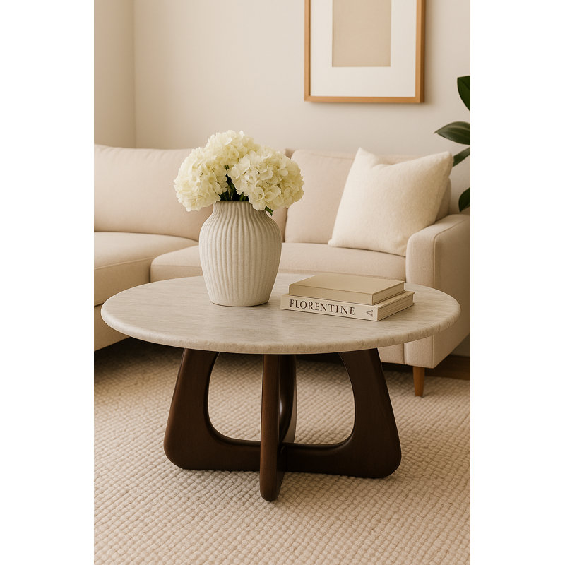 Table basse ronde, plateau en marbre et pieds en bois, parfaite pour toute table de salon, 30 po