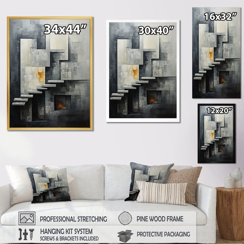 Décoration murale abstraite escalier argenté I - Formes abstraites, H 44 po x l 34 po x P 1,5 po, Cadre doré simple
