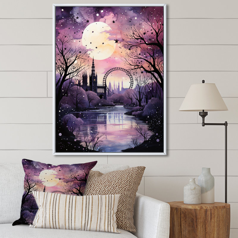 Carrousel mauve à grande roue mauve sur toile, Cadre flottant blanc, H 44 po x l 34 po x P 1,5 po