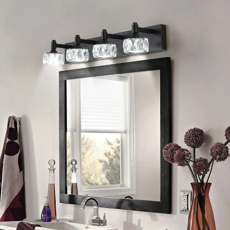 Luminaire de salle de bain moderne à 4 lumières à DEL noir mat avec abat-jour en cristal, applique murale de salle de bain pour un décor contemporain élégant