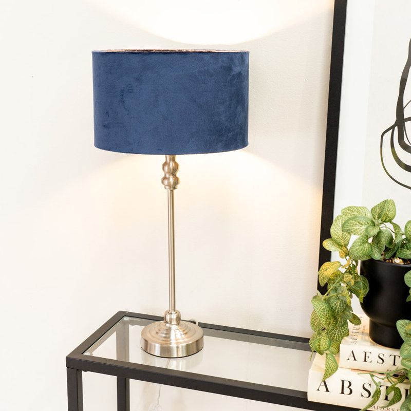 Saylorsburg Metal Table Lamp, Silver, Navy Blue Velvet, No