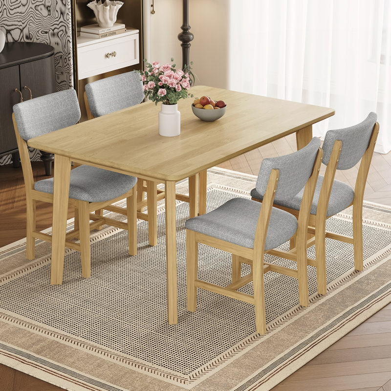 1 Solid Wood Table + 4 Upholstered Chairs, Natural, Natural