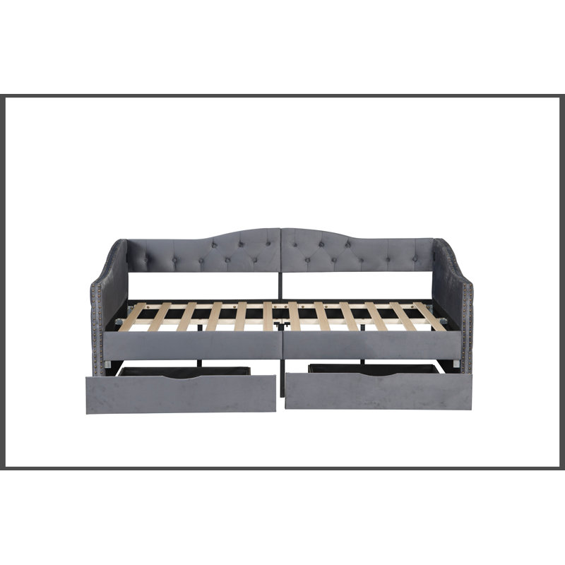 Structure de lit double / double en bois massif avec station de charge USB, tiroirs de rangement, aucun sommier requis, tête de lit