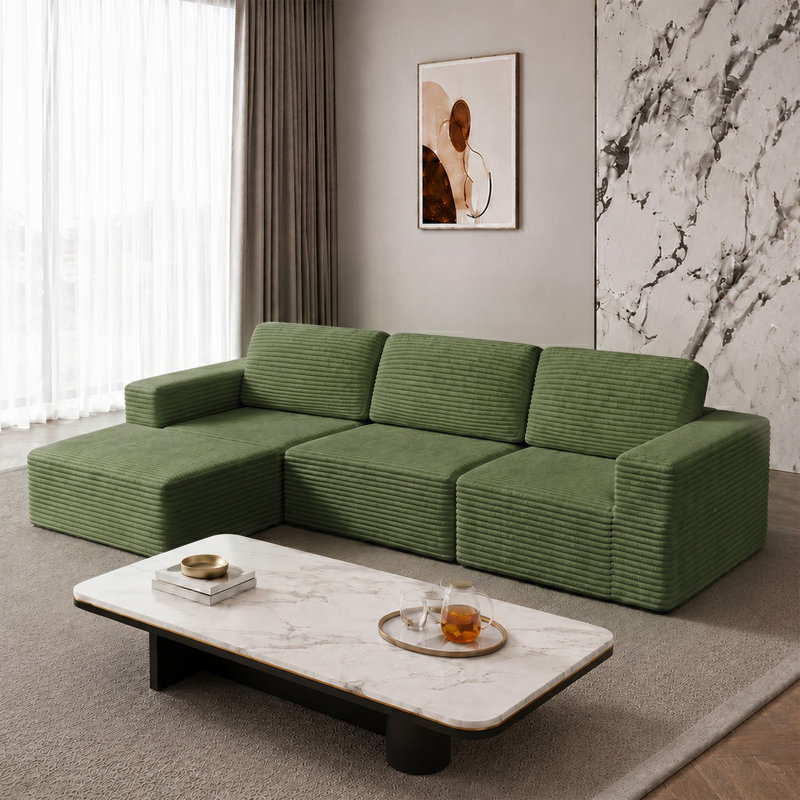 3 Seater Corduroy Sectional, Green 