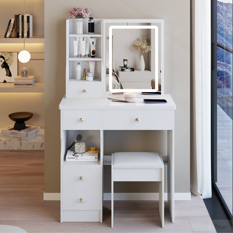 Petit meuble-lavabo de 29,2 po avec tabouret de bureau et tabouret rembourré à gauche 29,5 po, grande commande tactile, interrupteur tricolore, miroir à luminosité réglable, rangement à grande capacité, convient aux petits espaces