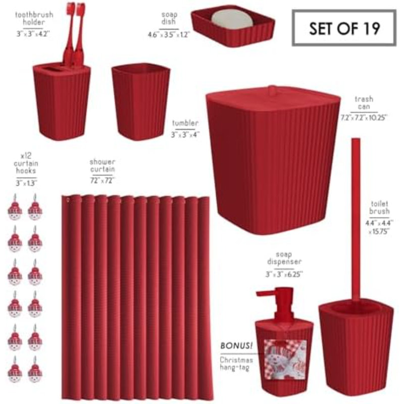 Bathroom Accessories Set - Christmas Shower Curtain Set, Xmas Bathroom Set, Christmas Bathroom Decor, Bathroom Accessory Set, Toilet Brush, Trash Can & Soap Dispenser - 19PC Set