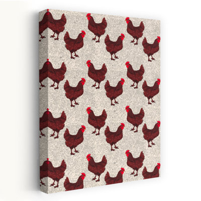 Red Chicken Farm Pattern Rustic Abstract Contemporary Bird Landscape Nature Wall Art Print by Nicholas - Wrapped Canvas Print