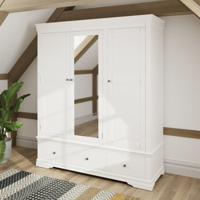 Swanley Triple Wardrobe Mirrored Door 3 Storage Drawers Solid Pine MDF