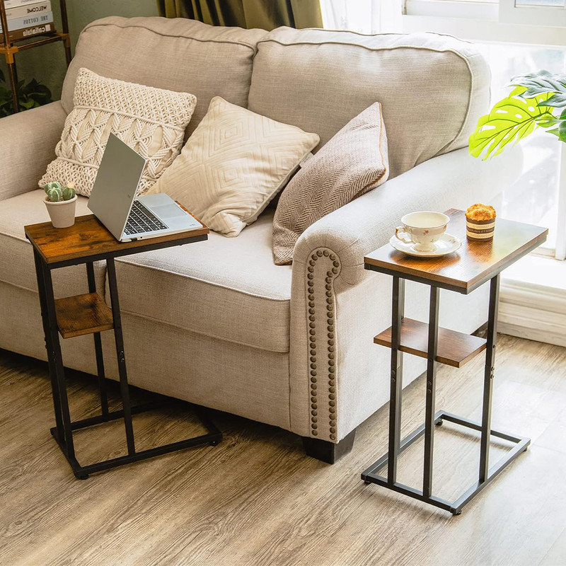 C Table End Table Set Of 2, Side Tables Living Room, C Shaped Side Table, Couch Tables That Slide Under Couch Table With Metal Frame, Rustic Snack Table For Bedroom/Small Spaces Large Desktop (Berry Brown/2 Pack)