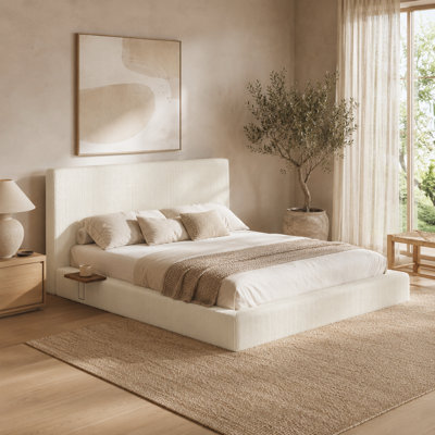 Cream White Queen Size AirFrame Bed Frame, 8.7'' Cloud Upholstered Corduroy Sponge Cushion Bed Frame with Adjustable Sliding Side Table, Easy Assembly Bedroom Furniture